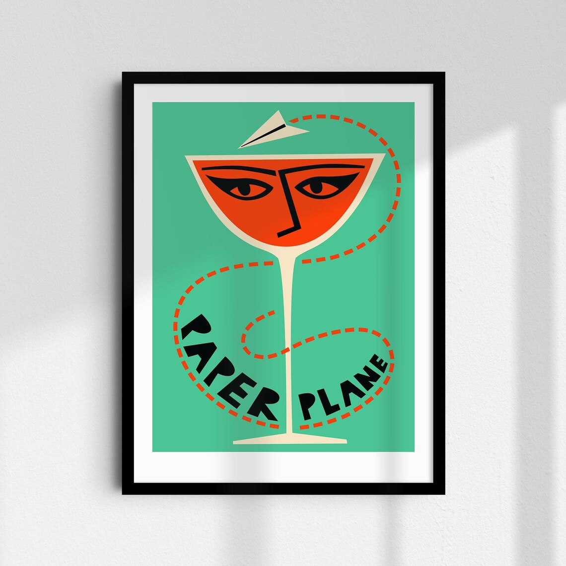 Paper Plane Cocktail Teal Retro Martini Glass Playful Illustration Poster