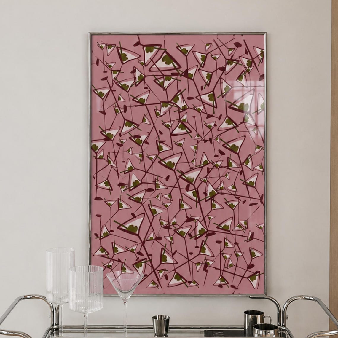 Pink Abstract Dirty Olive Martini Glasses Retro Cocktail Art Poster