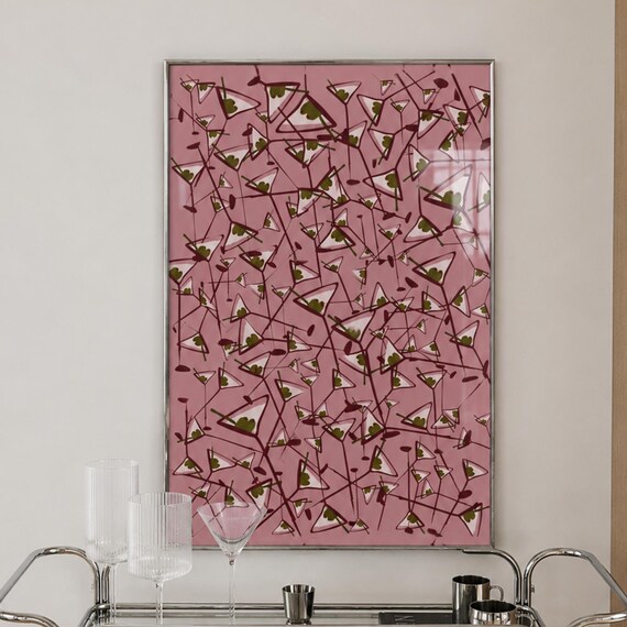 Pink Abstract Dirty Olive Martini Glasses Retro Cocktail Art Poster