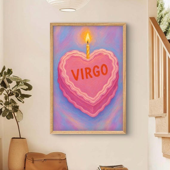 Virgo Birthday Wall Art Heart Cake Zodiac Print Pastel Astrology Pink Candle Artwork For Home Decor