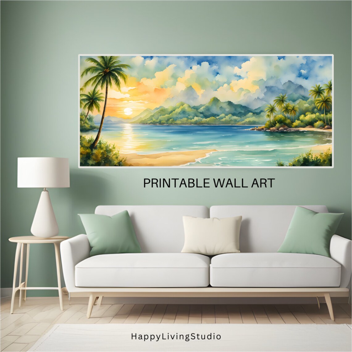 Tropical Beach Bay Watercolor Palm Trees Golden Sunset Shore Poster - Image 3