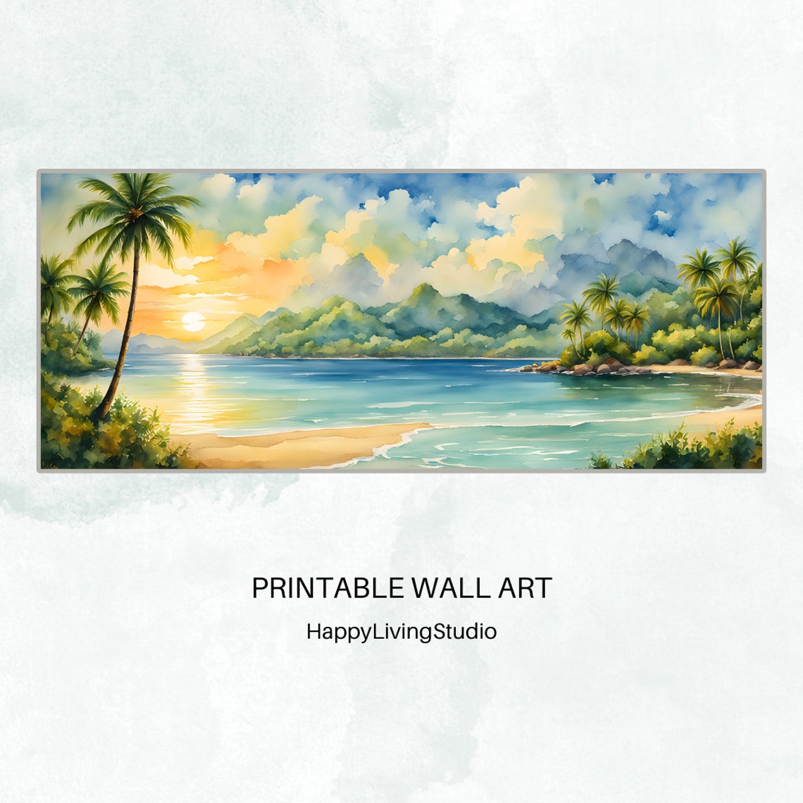 Tropical Beach Bay Watercolor Palm Trees Golden Sunset Shore Poster