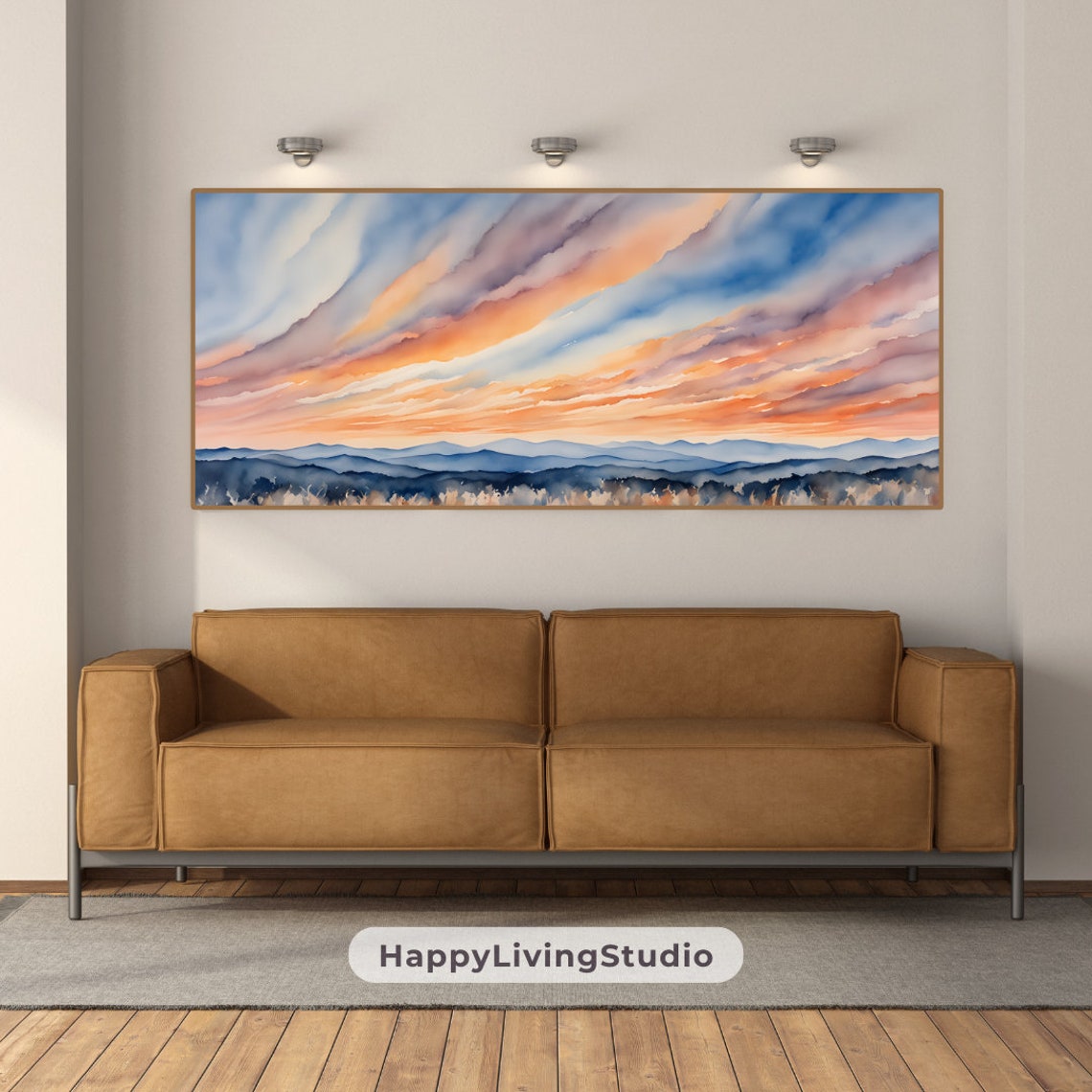 Wispy Sunset Clouds Watercolor Blue Mountain Horizon Wall Poster - Image 2