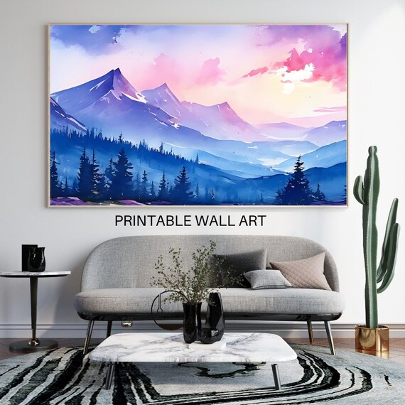 Beautiful Mountains Wall Art Large Art High Resolution Print Horizontal Wall Art Print Colorful Watercolor Art