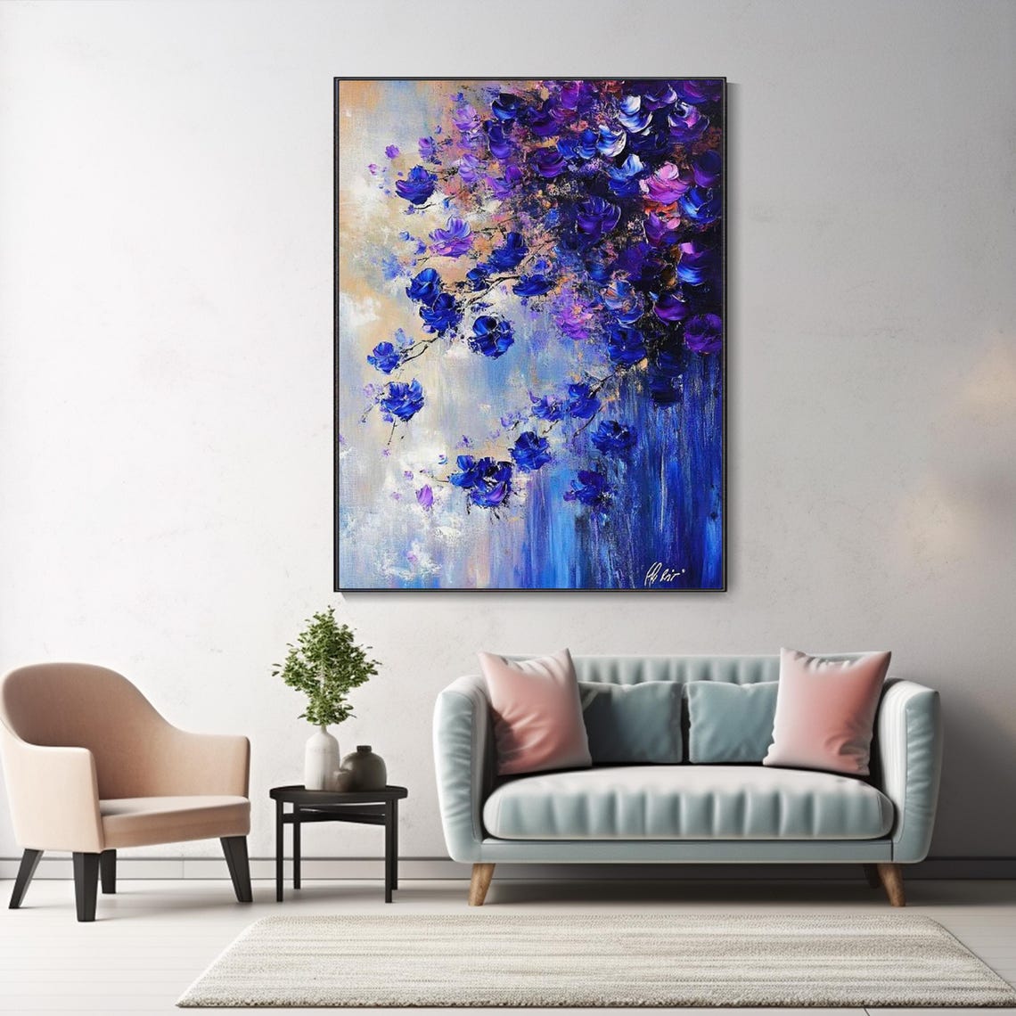 Deep Blue Violet Blossoms Cascade Textured Abstract Floral Art Poster - Image 4