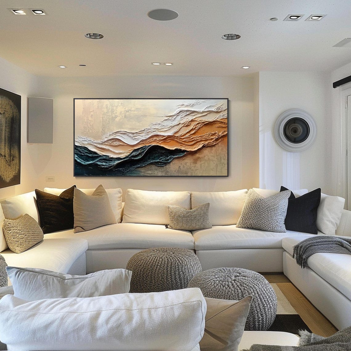 Layered Ocean Waves Beige Gold Teal Textured Abstract Wall Art - Image 2
