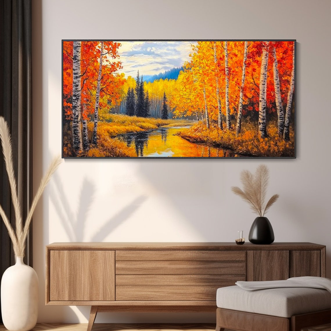 Autumn Birch Forest Creek Golden Red Leaves Panoramic Wall Art - Image 3