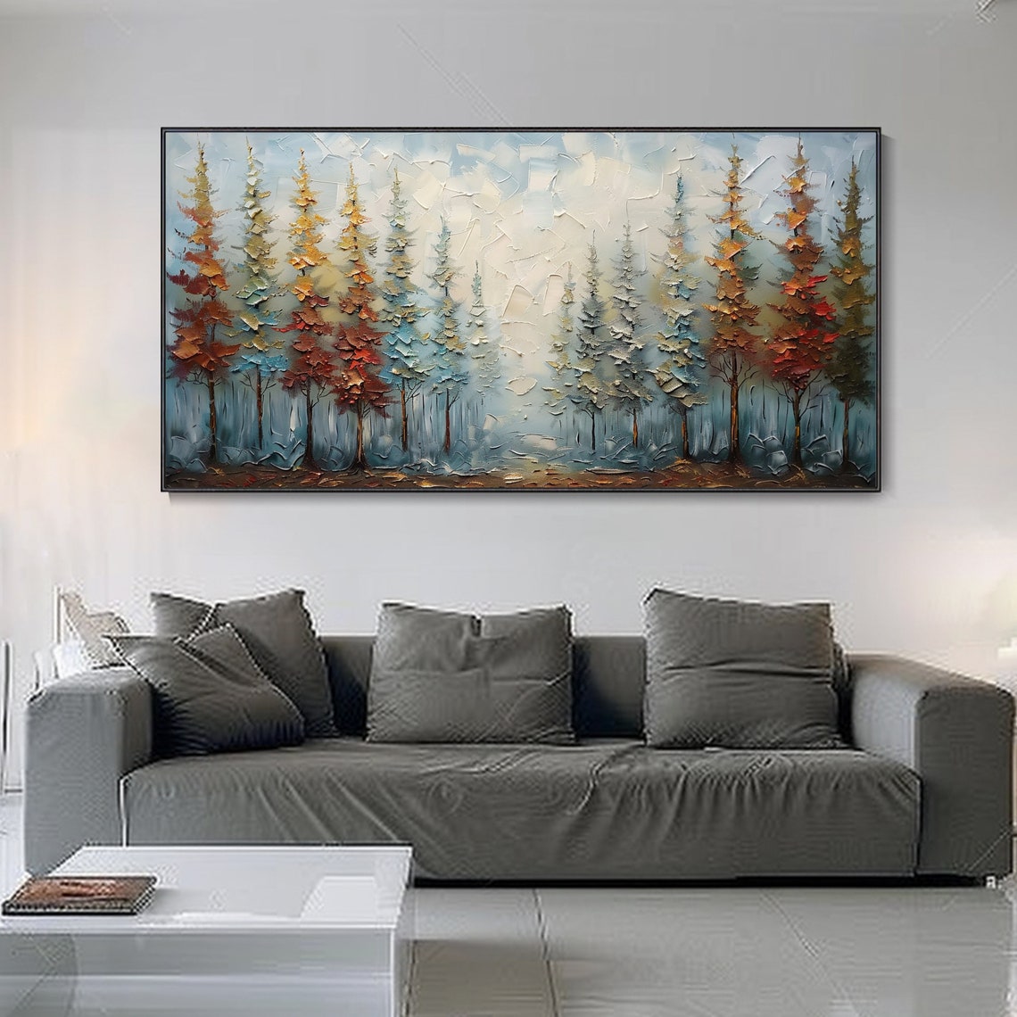 Colorful Pine Forest Misty Morning Textured Trees Landscape Wall Art - Image 2