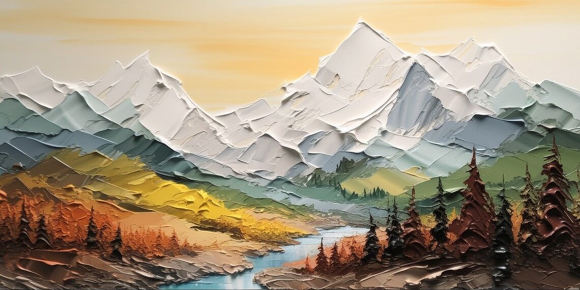Palette Knife Snowy Mountains Landscape Oil Painting - Image 4