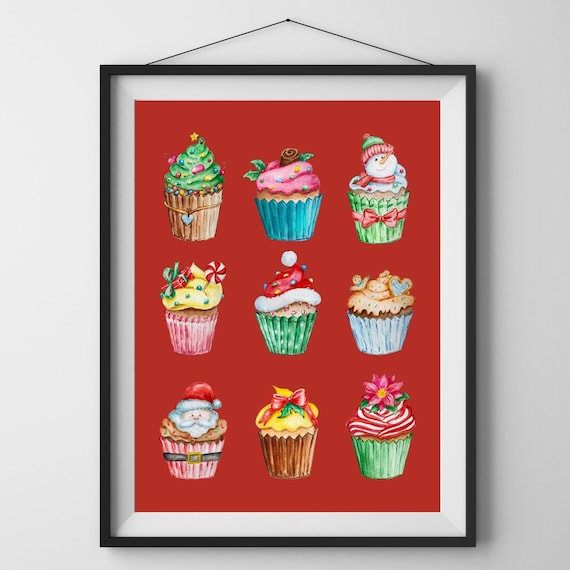Nine Festive Christmas Cupcakes Watercolor Holiday Party Poster