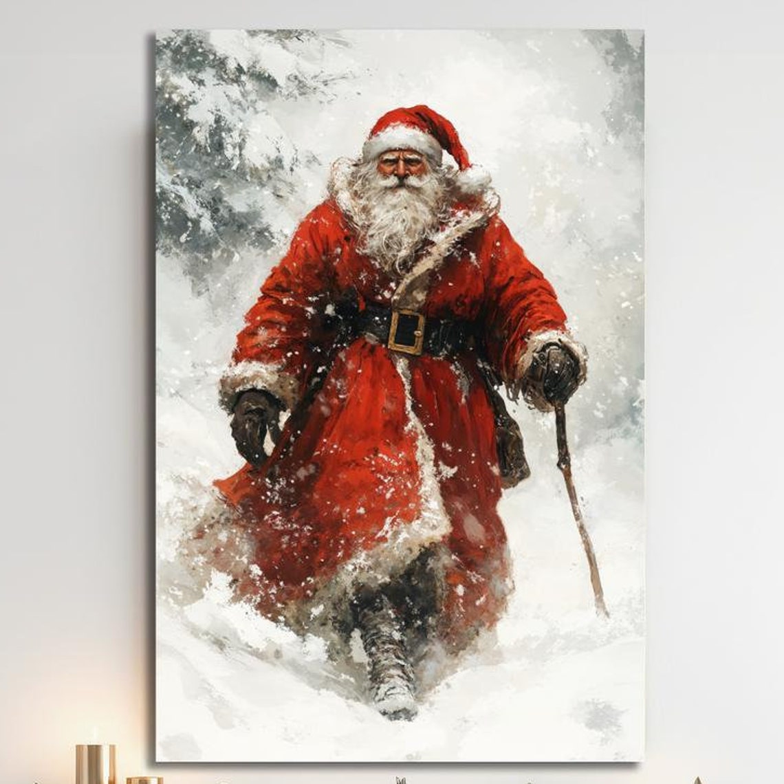 Santa Claus Walking Through Snowy Winter Wonderland Painting Poster