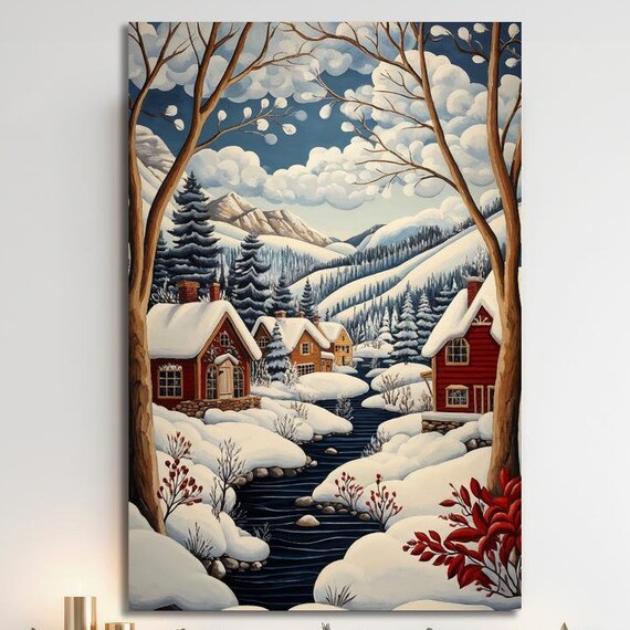 Snowy Red Cabins by a Winter Stream Folk Art Mountain Village Poster