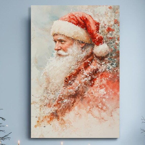 Santa Claus Portrait Watercolor Profile Snowy Christmas Art Poster