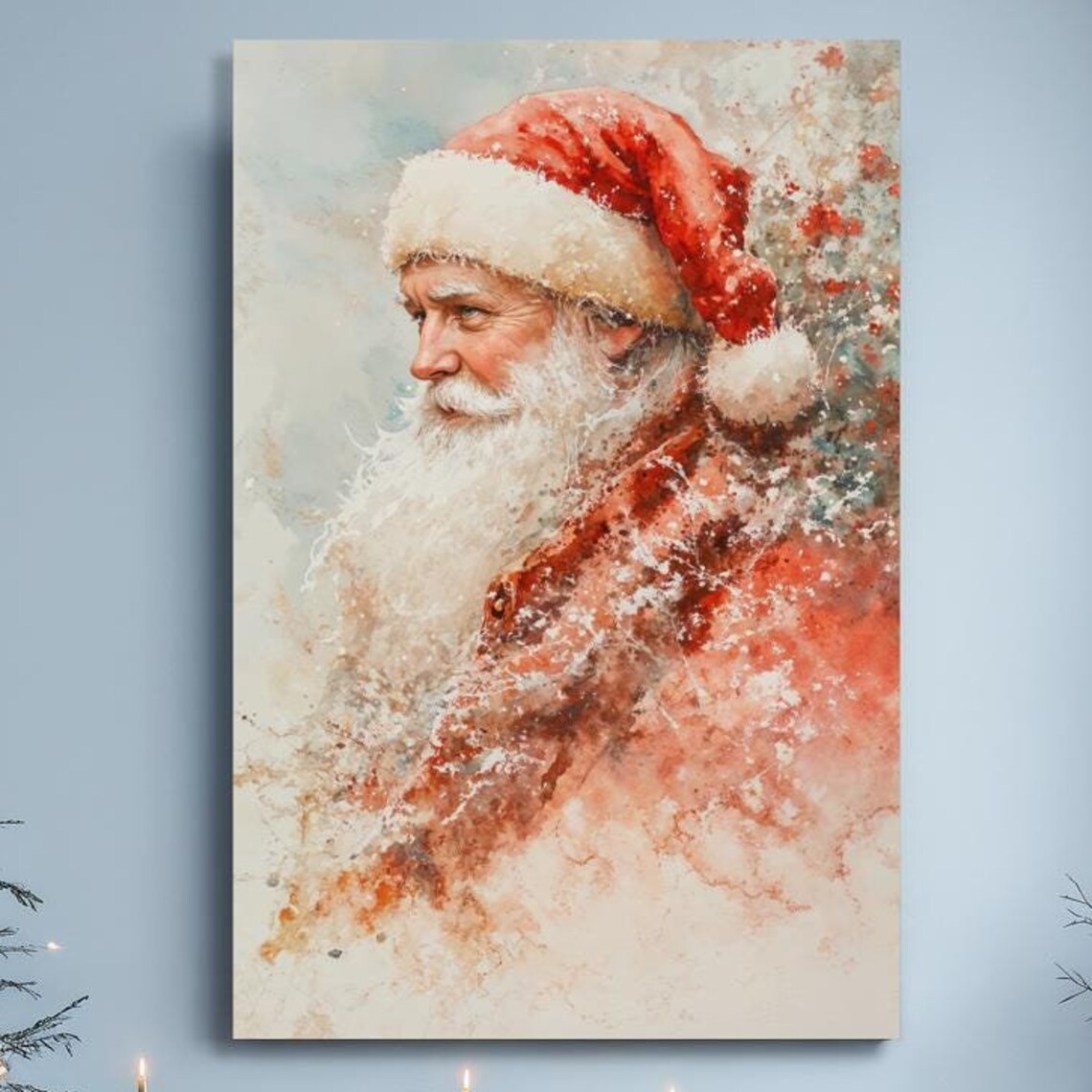 Santa Claus Portrait Watercolor Profile Snowy Christmas Art Poster