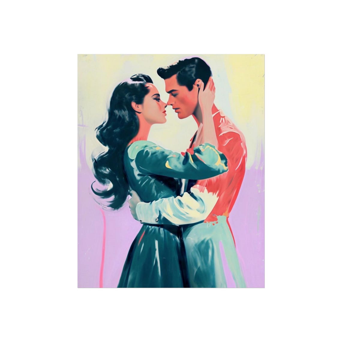 Romantic Painted Couple Embracing in Classic Vintage Style Poster