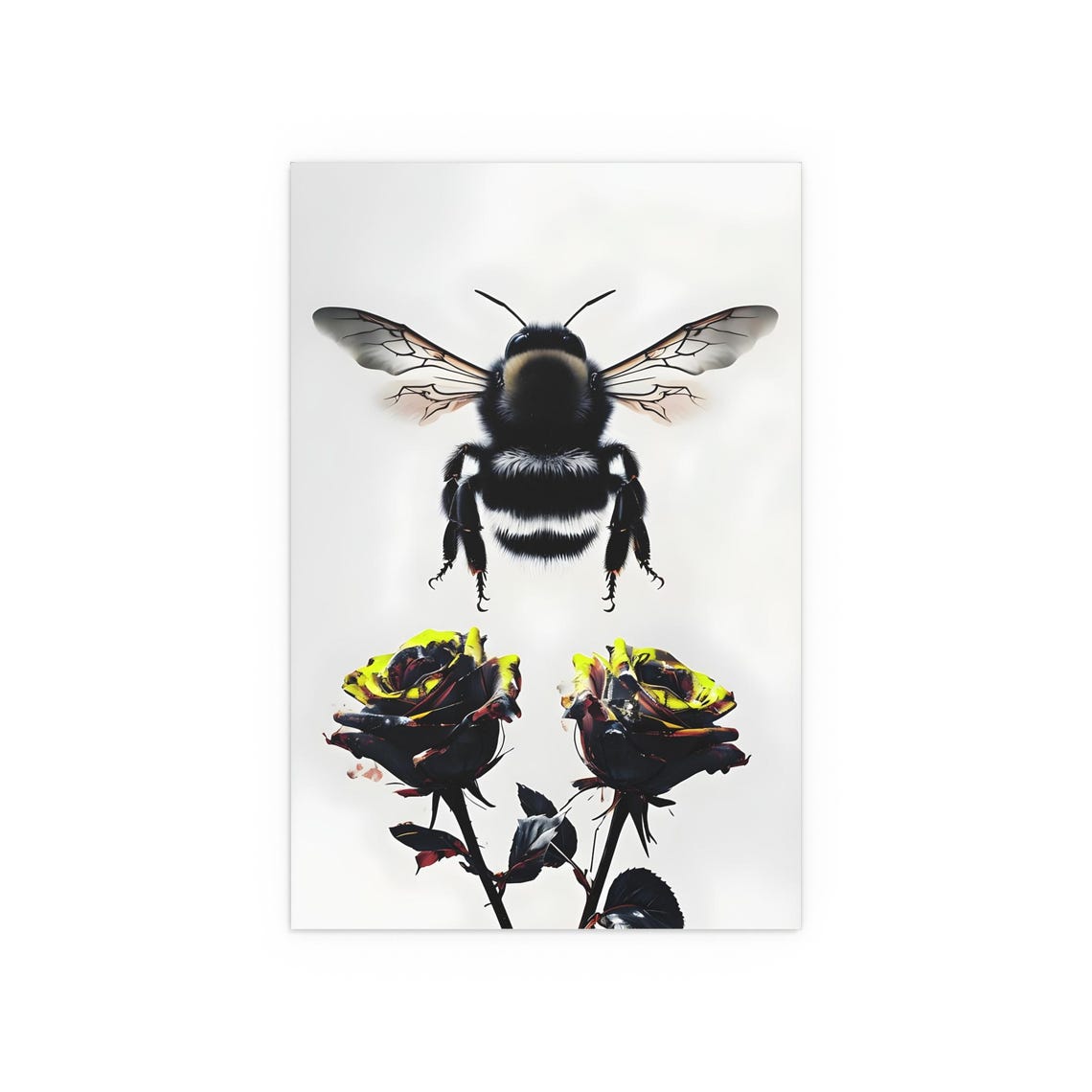 Dramatic Black Bumblebee Hovering Above Dark Roses Art Poster