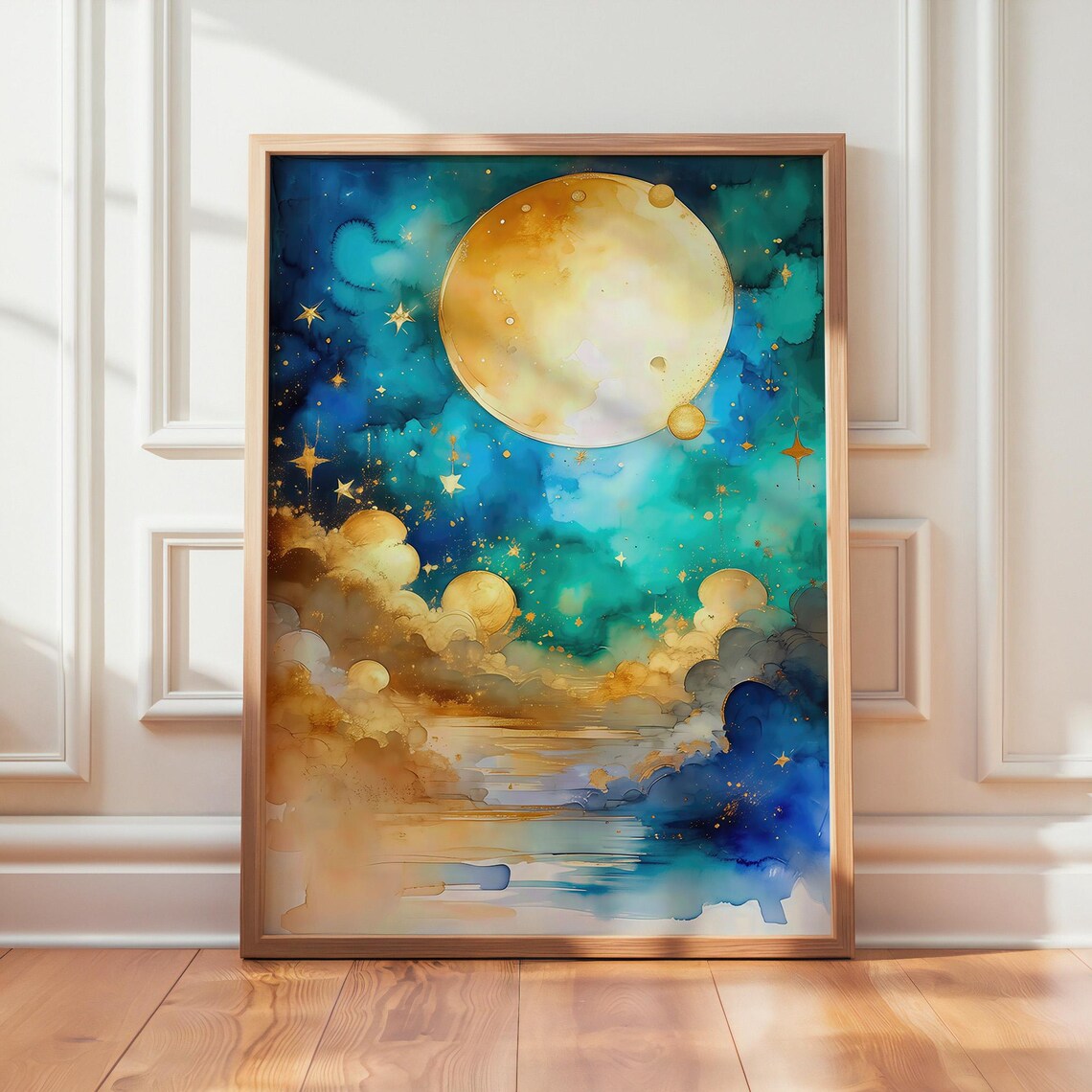 Abstract Moon And Stars Art Print, Celestial Sky