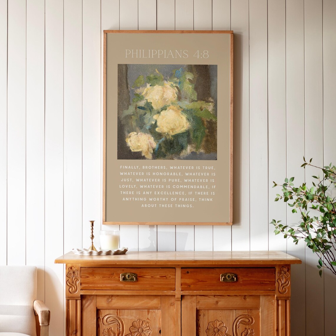 Philippians 4:8 Scripture Art Vintage Yellow Floral Painting Taupe Wall Decor Poster - Image 3
