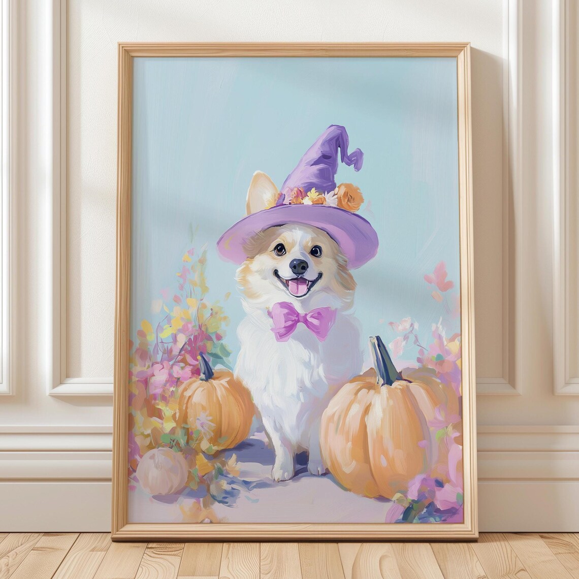 Corgi Witch Halloween Wall Art Cute Dog With Pumpkins Pastel October Autumn Fall Poster Printout