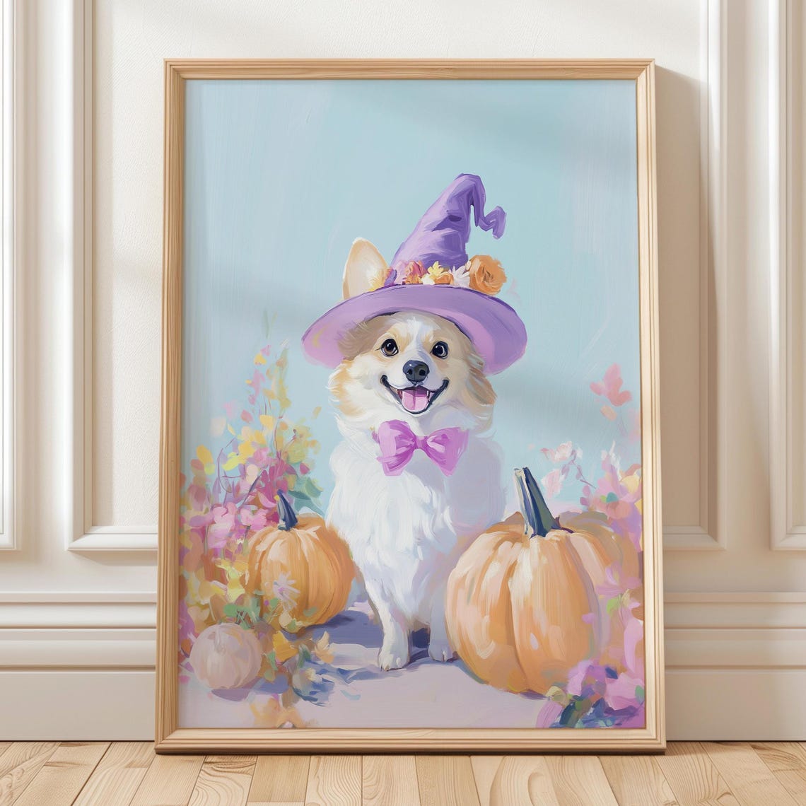 Corgi Witch Hat Puppy With Pumpkins Pastel Halloween Dog Poster