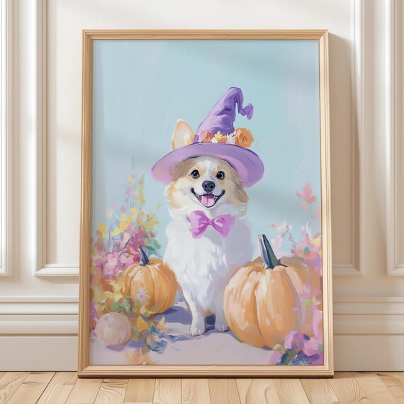 Corgi Witch Halloween Wall Art Cute Dog With Pumpkins Pastel October Autumn Fall Poster Printout