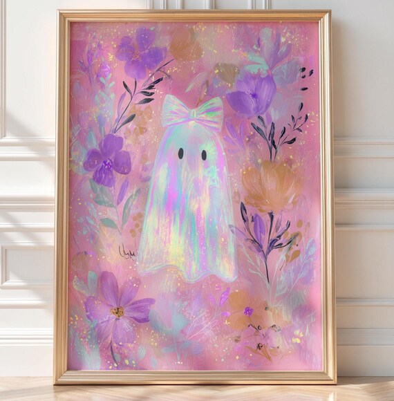 Iridescent Pink Floral Print Shimmer Halloween Wall Art Pastel Spooky Decor Cute Poster Coquette Bow Girly