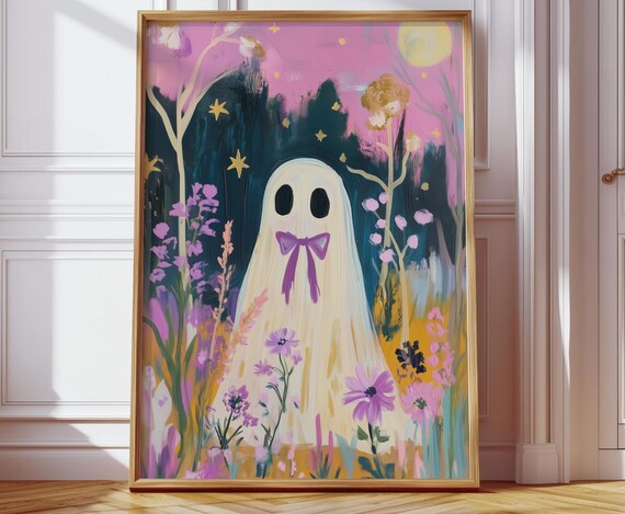 Pastel Flower Field Print Cute Halloween Wall Art Whimsical Spooky Girl Decor Lavender Autumn Scene