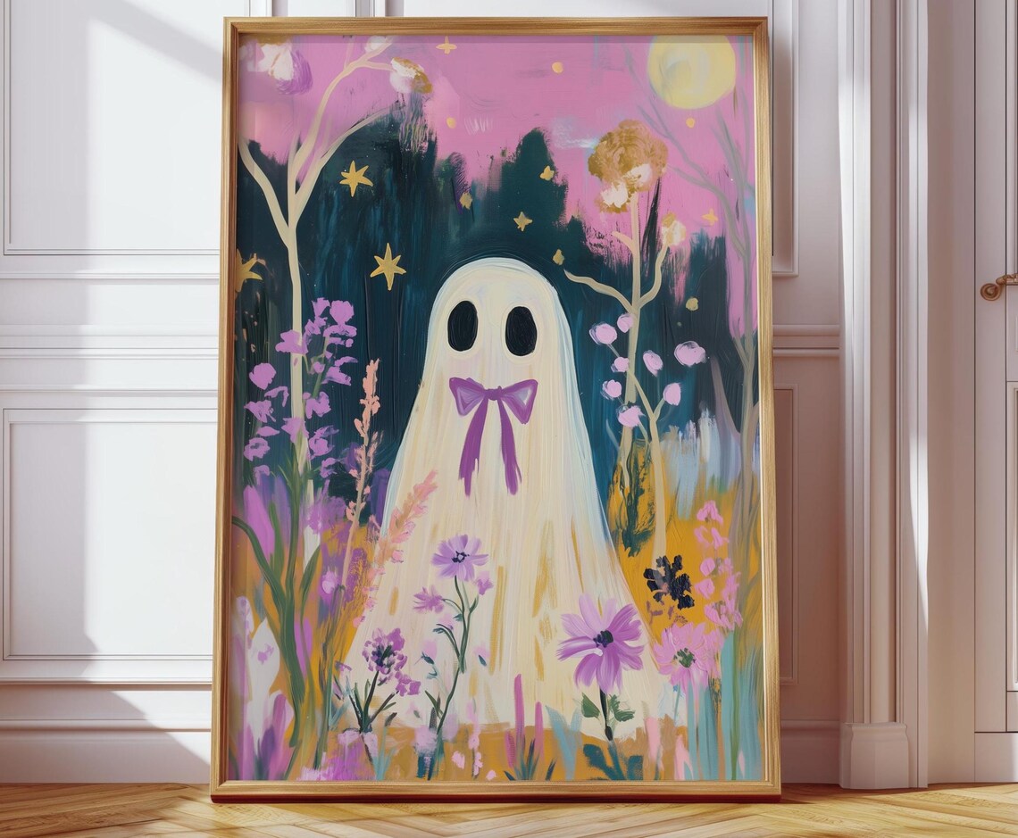 Cute Smiling Ghost Wildflower Meadow Purple Bow Pink Moon Poster