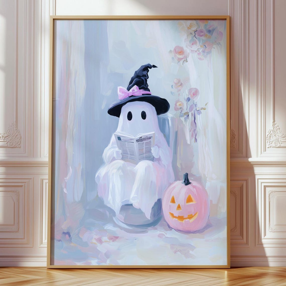 Cute Ghost in Witch Hat Reading Pink Pumpkin Halloween Poster