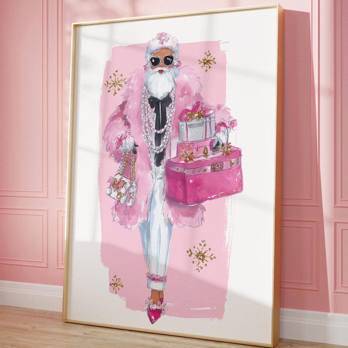 Pink Fashion Santa Christmas Art Print, Coquette Holiday Decor