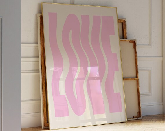 Pink Love Wavy Poster Girly Love Print Cute Trendy Retro 70s Dorm College Apartment Decor Aesthetic Wall Art