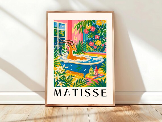 Antelope in Blue Bathtub Matisse Style Tropical Bathroom Art Poster