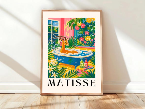Gazelle In Bathtub Funny Print Bathroom Decor Safari Art Pink Wall Matisse Poster Animal