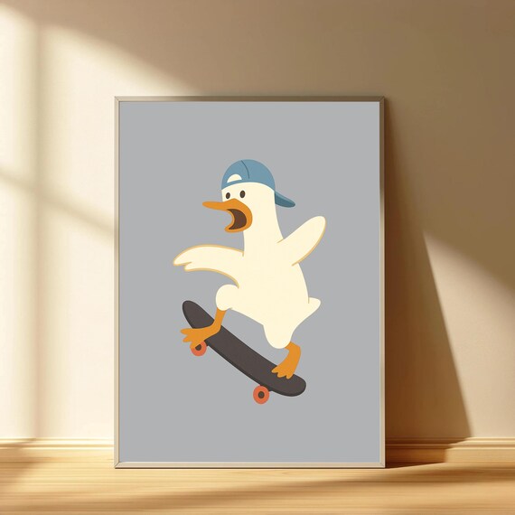 Silly Goose On Skateboard Poster Funny Duck Print Quirky Bird Wall Art Playful Animal Decor For Skater And Pet Lovers