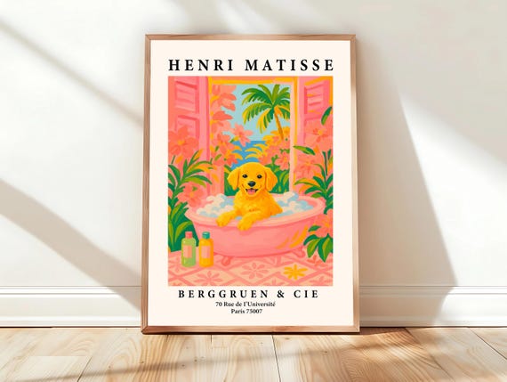 Golden Retriever Puppy In Bathtub Funny Bathroom Wall Art For Dog Lovers Print Matisse Pink Dopamine Decor