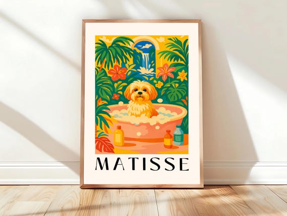 Havanese In Bathtub Funny Bathroom Vanity Poster Gift For Dog Lovers Matisse Wall Art Print Pink Dopamine Decor