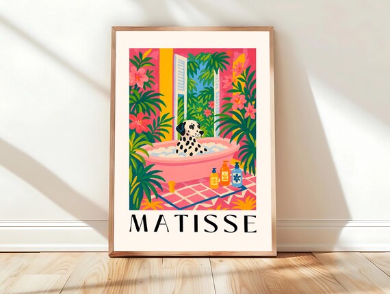 Dalmatian Dog in Pink Bathtub Matisse Style Tropical Bathroom Poster