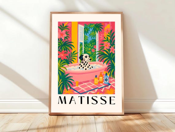 Dalmatian Print Bathroom Wall Art Dog Poster Inspired By Henri Matisse Pink Midcentury
