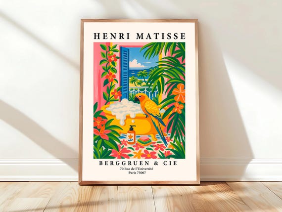 Parrot In Bathtub Poster Pink Maximalist Decor Tropical Print Matisse Art Bathroom Wall Bird