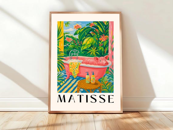 Pink Farm Decor For Bathroom Pig In Bathtub Funny Poster Matisse Art Print Cowgirl Wall Animal