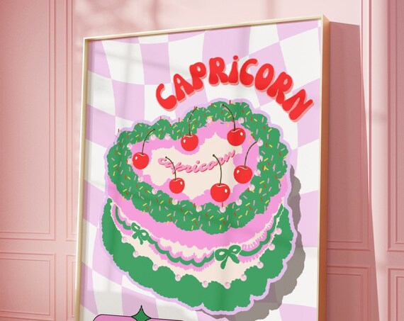 Capricorn Zodiac Birthday Cake Retro Pink And Green Party Poster