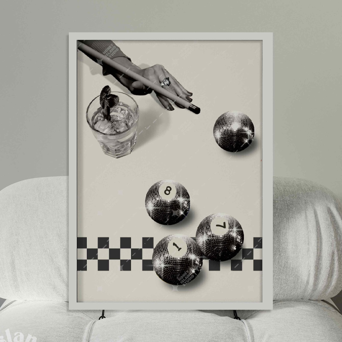 Billiards Print, Disco Ball 8 Retro Drinks Poster