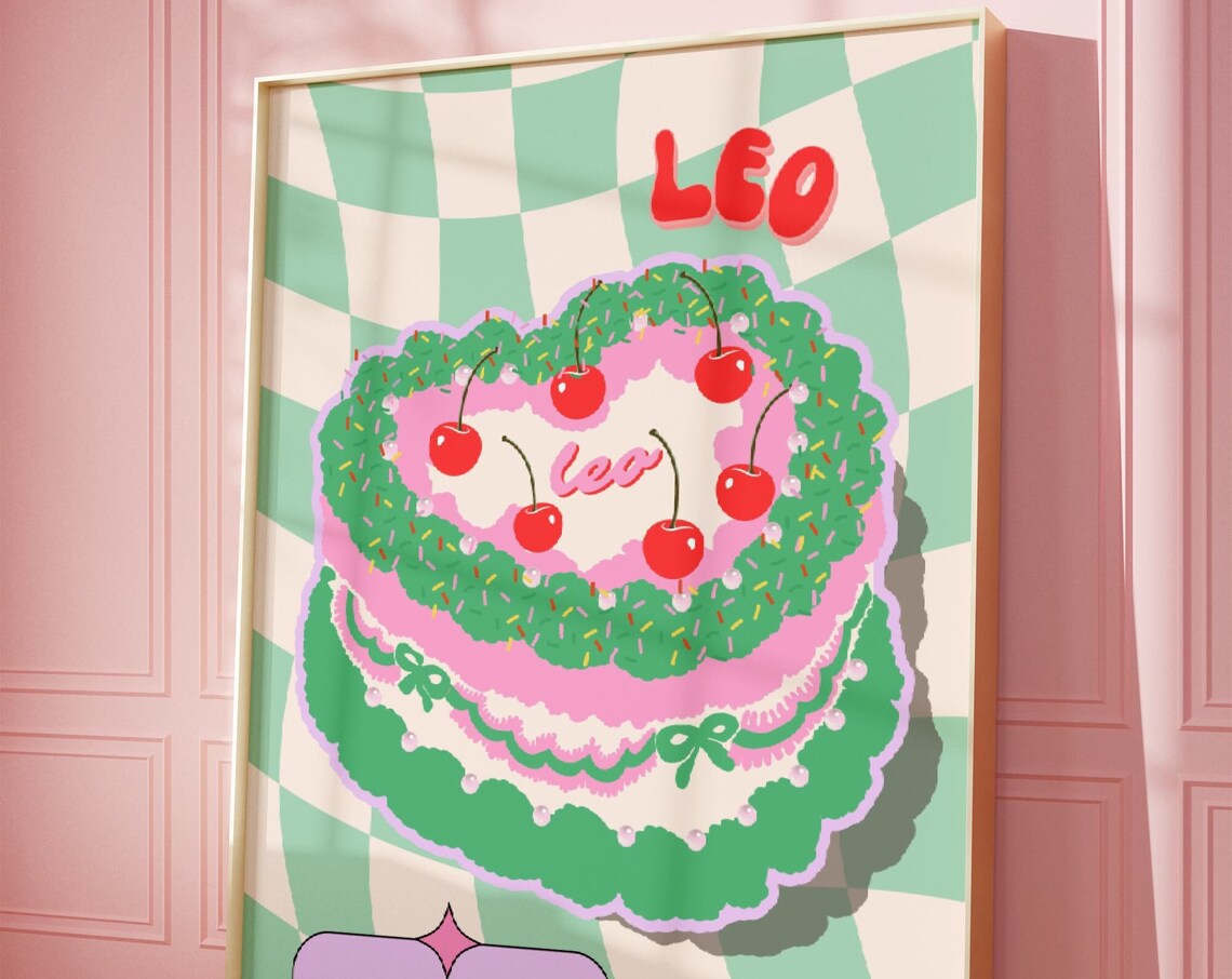 Leo Birthday Cake Zodiac Star Sign Retro Art Print