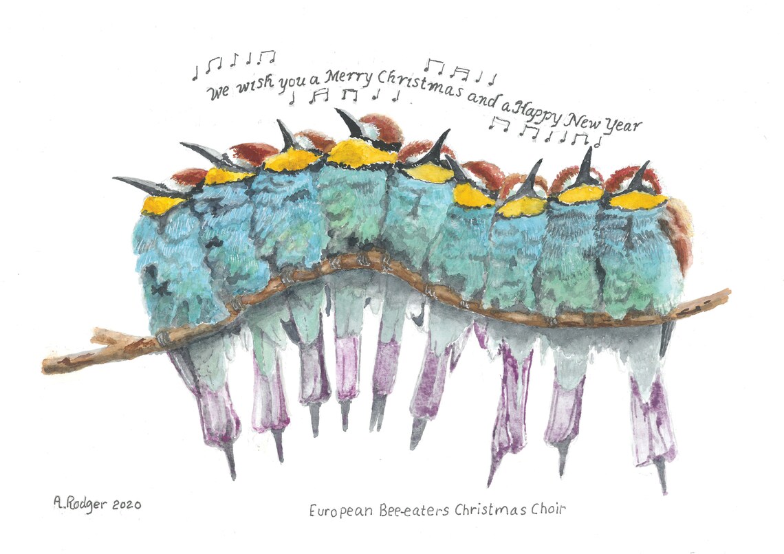 European Bee Eaters Christmas Choir Singing Birds Watercolor Poster