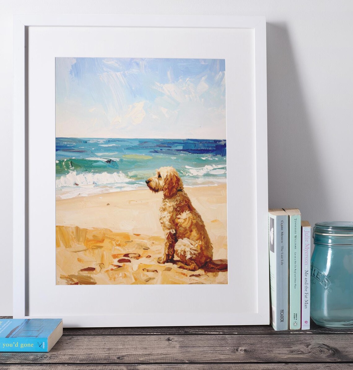 Golden Labradoodle Puppy on Sandy Beach Oil Painting Dog Poster
