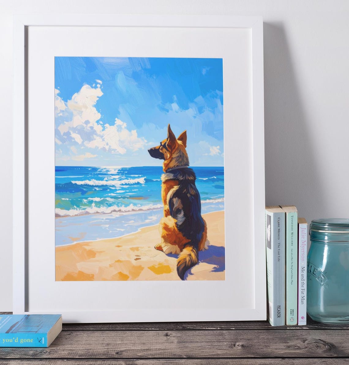 German Shepherd Sitting on Ocean Beach Oil Painting Style Poster