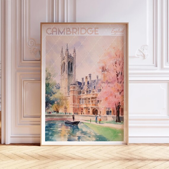 Cambridge England River Cam Vintage Watercolor Travel Poster
