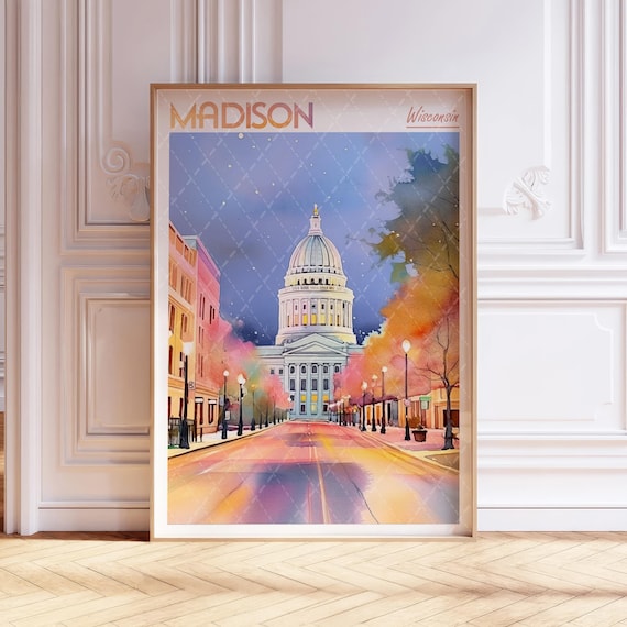 Madison Wisconsin State Capitol Night Autumn Watercolor Travel Poster