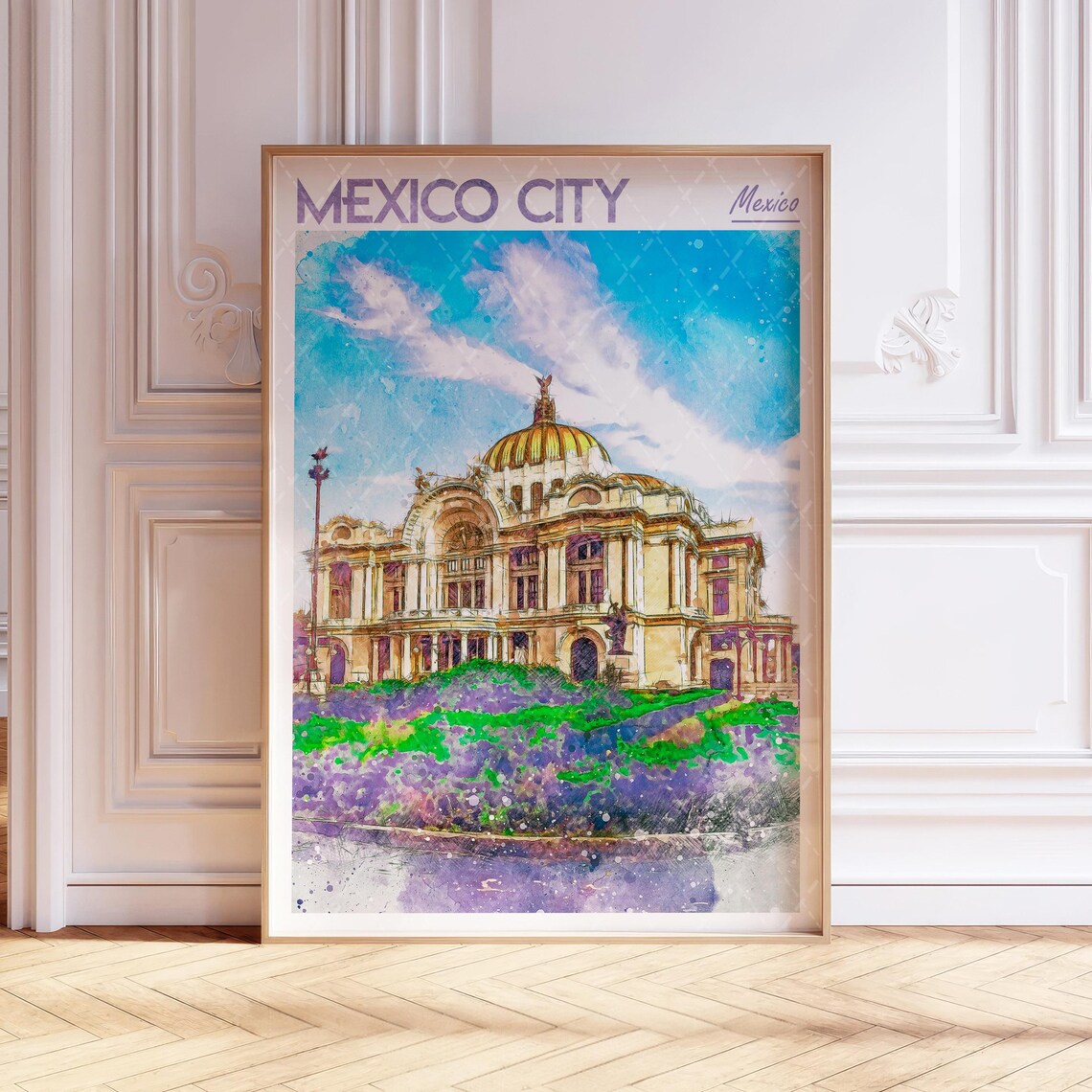 Mexico City Palacio de Bellas Artes Watercolor Travel Poster