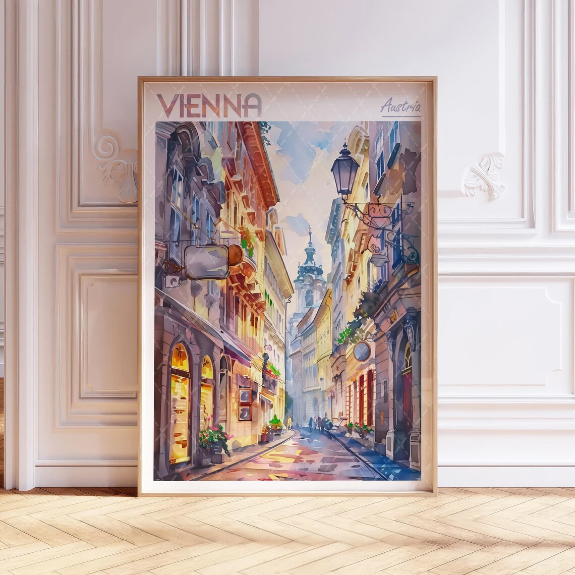 Vienna Austria Travel Poster Old Town Street Watercolor Evening Scene